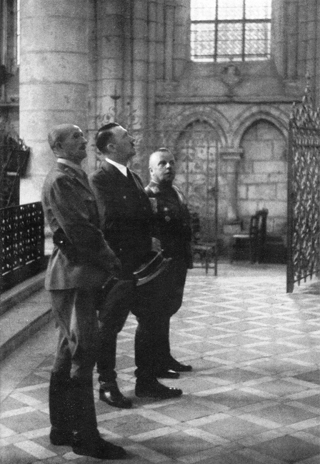 Adolf Hitler visits the cathedral of Laon, France, with his war comrades Max Amann and Ernst Schmidt